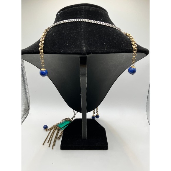 Hearts Charms Green Rectangle Glass Pendant Blue Sodalite Beads Chain Necklace! - Picture 6 of 8